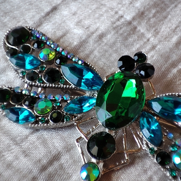 Rhinestone Oversized Huge Dragonfly Brooch Pendant Emerald Green Aqua Silver NEW - Picture 5 of 6